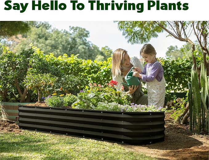 Plant & Plot Galvanized Raised Garden Beds Outdoor // 8×2×1 ft Planter Raised Beds for Gardening, Vegetables, Flowers // Large Metal Garden Box (Black) // Patented Tool-Free Design