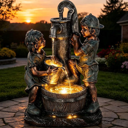 26" Boy and Girl Outdoor Fountain LED 3-Tier Cascading Waterfall | bronze finish, children drawing water scene, patio garden Porch