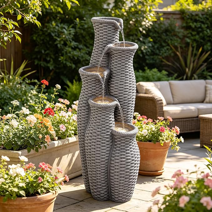 Autodaya 5-Tier Faux Rattan Outdoor Water Fountain & Waterfalls with Lights | Unique Natural Vase Water Feature With Cascading Soothing White Noise, Tranquil Oasis For Garden, Patio, Yard, Or Porch Decor