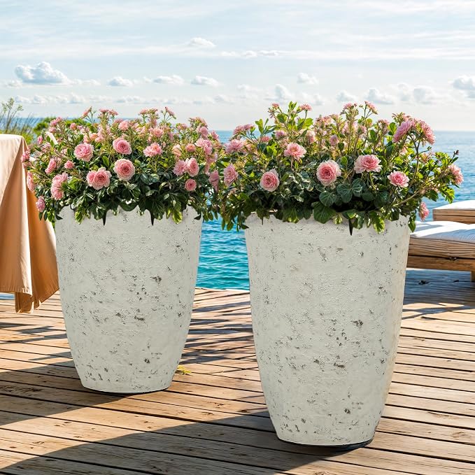 Autodaya 19.5" Resin Tall Planters for Outdoor Plants, Set of 2 Flower Pots | Country White Large Outdoor Planters With Birch Bark Texture, Heavy-Duty, Weather-Resistant For Year Round Indoor Outdoor Use
