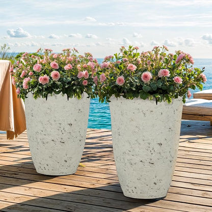 Autodaya 19.5" Resin Tall Planters for Outdoor Plants, Set of 2 Flower Pots | Country White Large Outdoor Planters With Birch Bark Texture, Heavy-Duty, Weather-Resistant For Year Round Indoor Outdoor Use