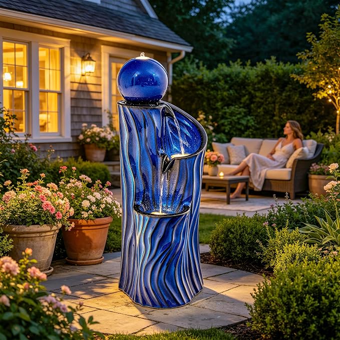 32" H Ceramic Outdoor Water Fountain with LED Lights, 3-Tier Cascading Sphere Water Feature, Tranquil Waterfall for Relaxing Garden, Patio, Yard, or Porch, Cobalt Blue, Dynamic Wave-Texture