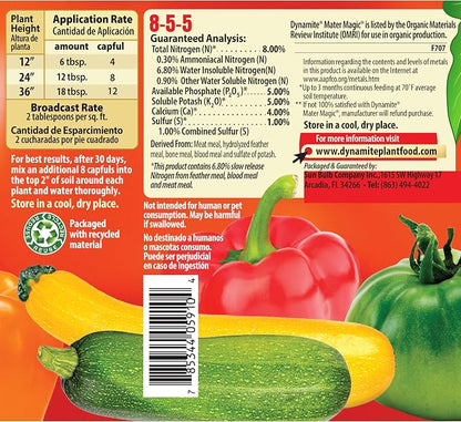 Dynamite Mater Magic - Organic Tomato Fertilizer for Bigger, Juicier Tomatoes and Vegetables, OMRI Listed, Nitrogen and Calcium-Rich Plant Food - .675 Pound Container with Shaker Lid