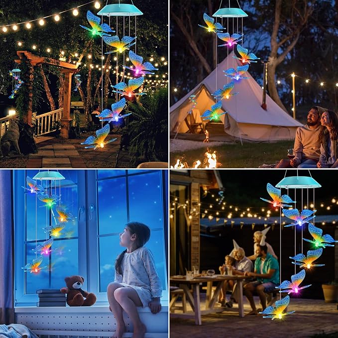 Solar Butterfly Gift for Mom Girls, Color Changing Wind Chimes for Outside, Solar Outdoor Decorative Mobile Lights for Garden, Yard, Patio, Window, Christmas Decorations, Gift for Women