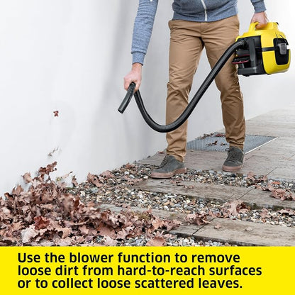 Kärcher WD 1 Compact Battery Powered Wet Dry Shop Vacuum Cleaner Ideal for Car Cleaning with Attachments, Multi Purpose – Blower Feature, Compact Space-Saving Design, Portable (Tool Only)