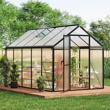 6X10 Ft Polycarbonate Greenhouse Sunroom with Aluminum Frame, Outdoor Greenhouse for Vegetables Herbs Flowers, Lockable Door & Adjustable Roof Vent, Patio Backyard Greenhouse Kit for Gardening, Black