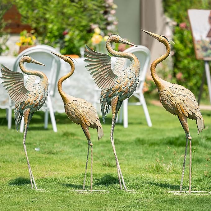 TERESA'S COLLECTIONS Garden Statues, Standing Metal Golden Heron Decoy Waterproof Outdoor Statue,33-39" Bird Yard Art for Outdoor Indoor Decorations,Outside Patio,Pool, Lawn,Set of 2,Gift for Mom