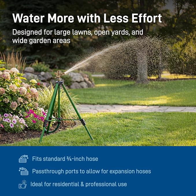 Orbit Tripod Lawn Zinc Impact Sprinkler - 360 Degree Rotating Yard Sprinkler with Adjustable Height - Heavy-Duty Zinc - High-Pressure Nozzle - for Large Lawn Coverage - 56667