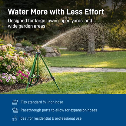 Orbit Tripod Lawn Zinc Impact Sprinkler - 360 Degree Rotating Yard Sprinkler with Adjustable Height - Heavy-Duty Zinc - High-Pressure Nozzle - for Large Lawn Coverage - 56667