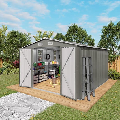10x12FT Outdoor Storage Shed,Waterproof Large Metal Garden Shed with Double Door and Two Translucent Windows,Vents,Tool Shed for Backyard Patio Lawn Poolside,Gray