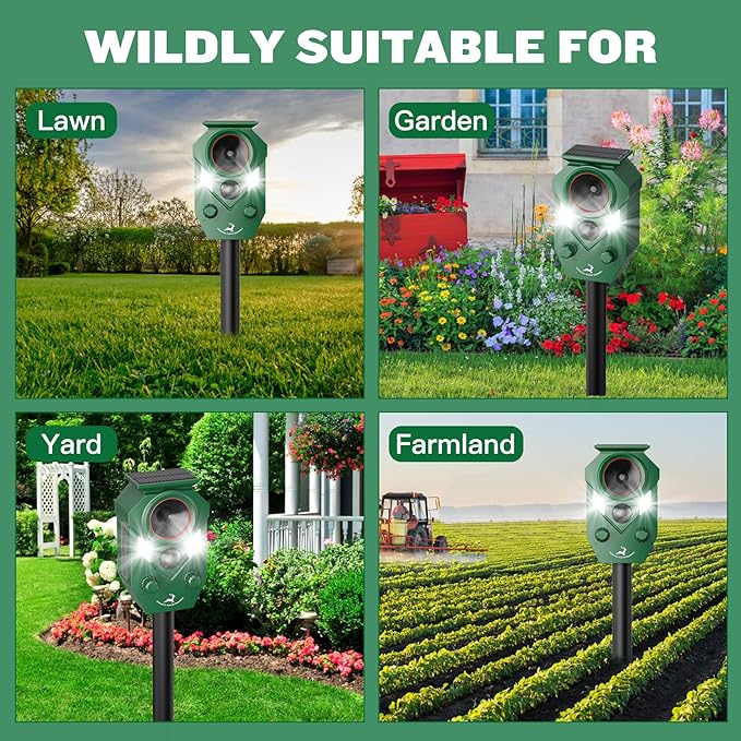 Solar-Powered Ultrasonic Animal Repellent 4 Packs, Waterproof Cat Deterrent with LED Flashing Lights and Motion Sensor for Outdoor Yard, Effective to Repel Cats, Coyotes, Raccoons, and Deer