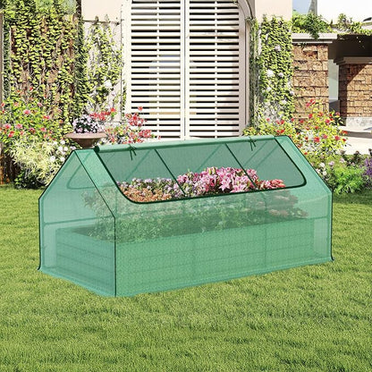 Aoodor 6 x 3 x 3 ft Raised Garden Bed with Mini Greenhouse Kit, Metal Planter Box with 2 Roll-Up Zipper Doors for Vegetables, Herbs, and Flowers