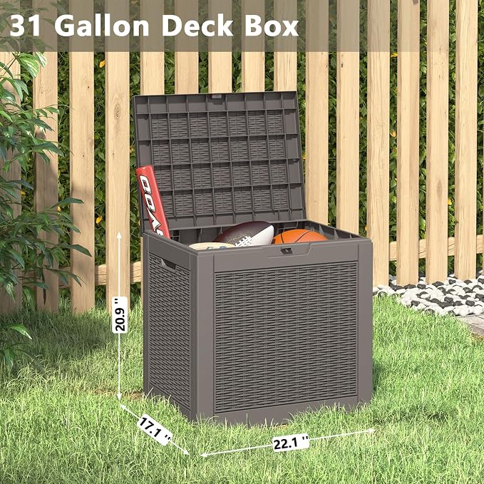 LHBGO 31 Gallon Deck Box, Resin Outdoor Storage Box, Waterproof and UV Resistant Deck Box, Lightweight Storage Box for Garden Tools, Pool Supplies