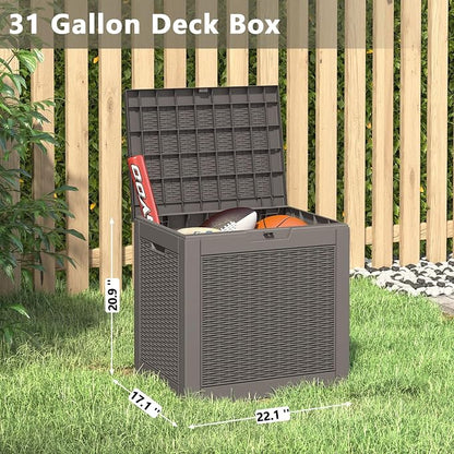 LHBGO 31 Gallon Deck Box, Resin Outdoor Storage Box, Waterproof and UV Resistant Deck Box, Lightweight Storage Box for Garden Tools, Pool Supplies