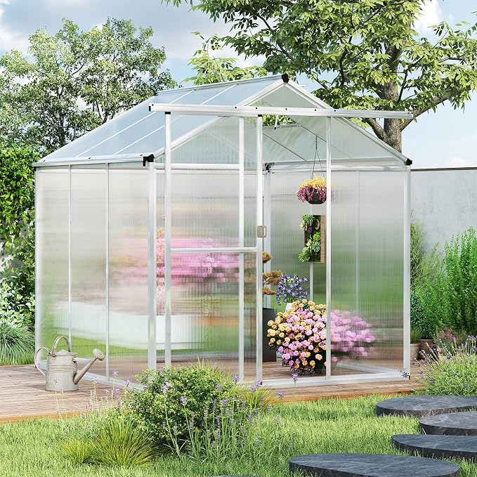 Happygrill Greenhouse, 6 x 6 x 6.5 FT Outdoor Polycarbonate Greenhouse w/ Sliding Door, Adjustable Roof Vent, Rain Gutter, Heavy-Duty Aluminum Greenhouses for Outdoors, Garden,Backyard, Patio, Lawn