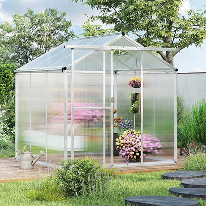 Happygrill Greenhouse, 6 x 6 x 6.5 FT Outdoor Polycarbonate Greenhouse w/ Sliding Door, Adjustable Roof Vent, Rain Gutter, Heavy-Duty Aluminum Greenhouses for Outdoors, Garden,Backyard, Patio, Lawn