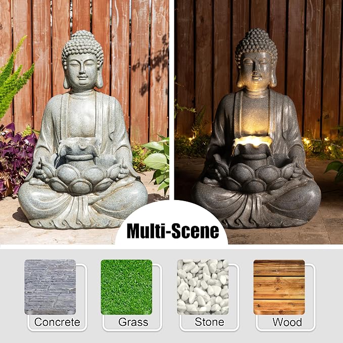 Glitzhome 28.25" Zen Buddha Fountain, Large Outdoor Water Fountain with LED Light, Polyresin Stone Powder Concrete Finish Meditating Buddha Statue for Garden Patio Yard Deck, 4 Warm LED Lights