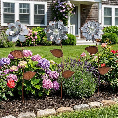 Glow in The Dark Flower Garden Stakes, 3 Pack Colorful Luminous Metal Yard Decor, 14 Inch Outdoor Night Glow Floral Stakes for Lawn, Patio, Flower Beds & Planters