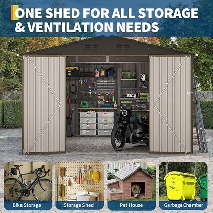 10X12 FT Storage Shed，Lockable Gable Roof Garden Shed with Grid Window, All-Weather Resistant Storage Unit for Bikes, Ladders, Patio Supplies & Garden Essentials