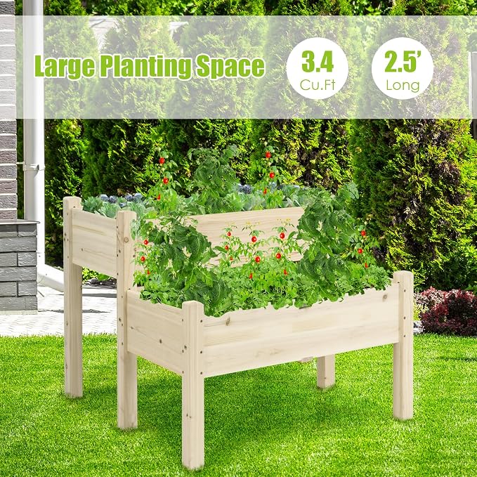 COSTWAY 2-Tier Raised Garden Bed, Sturdy Fir Wood Elevated Planter with Legs for Vegetables, Herbs & Flowers – Indoor & Outdoor Use, Natural Finish