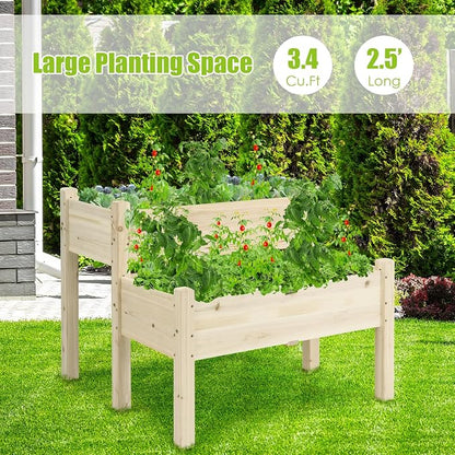 COSTWAY 2-Tier Raised Garden Bed, Sturdy Fir Wood Elevated Planter with Legs for Vegetables, Herbs & Flowers – Indoor & Outdoor Use, Natural Finish