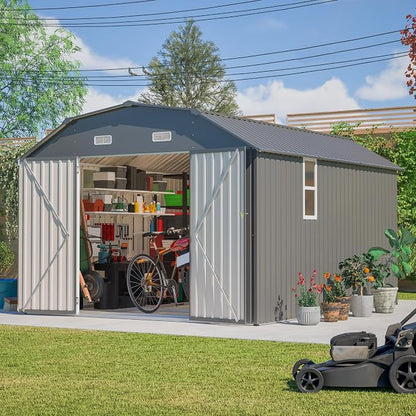 YOPTO 10×12 FT Outdoor Storage Shed,Heavy-Duty Metal Shed with Floor Base,All Weather Waterproof Tool Shed W/Diamond Roof & Windows,Lockable Double Door & 4 Air Vents,for Backyard,Patio,Lawn,Gray