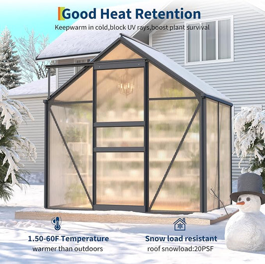 6X8x6 FT Greenhouse for Outdoors,Polycarbonate Walk-in Greenhouse Large Heavy Duty Outdoor Aluminum Green Houses with Sliding Doors Vent Window for Outside Backyard