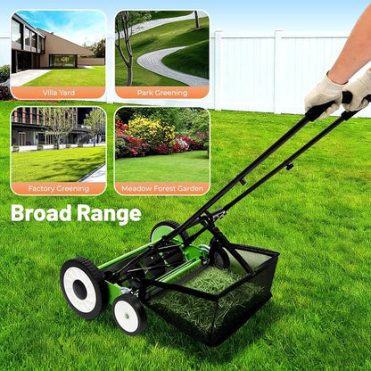 Manual Reel Lawn Mower, 16 Inch 5-Blade Cordless Push Mower with Adjustable Cutting Height and Grass Catcher for Yard, Garden