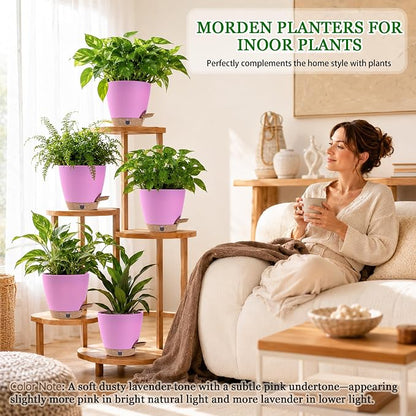 6 Inch Self Watering Pots for Indoor Plants(5-Pack) – Small Plastic Planters with Water Level Window, Drainage Holes & Trays, Indoor Outdoor Flower Pots for Herbs, Snake,Pothos (Dusty Lavender)