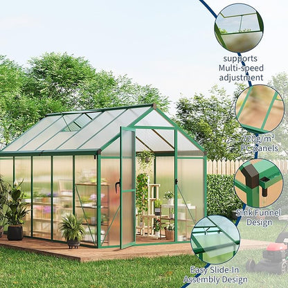 6x10 ft Walk-in Greenhouse, Polycarbonate Panels with Reinforced Aluminum Frame, Large Garden Green House for Planting and Seed Starting, Quick-Assembly Structure with Adjustable Roof Vent