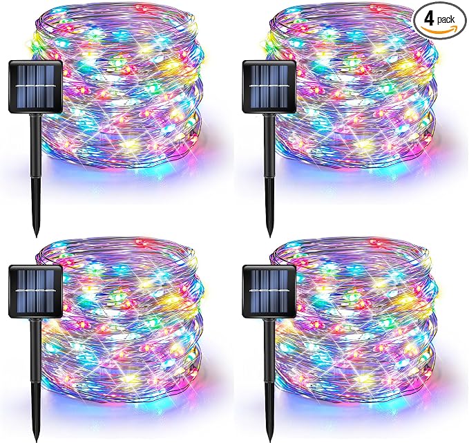 Dazzle Bright 4 Pack Solar String Lights Outdoor, Total 160FT 480LED Solar Powered Waterproof Fairy Lights 8 Modes, Silver Wire Lights for Christmas Patio Party Tree Yard Decoration (Multi Color)