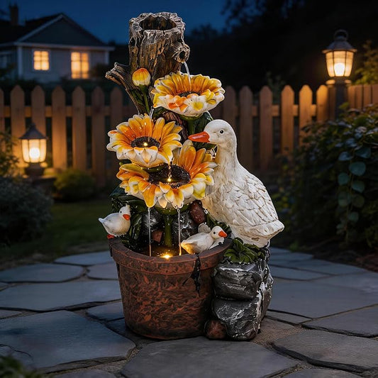 AUTODAYA 19" Sunflower & Duck Water Fountain Indoor Outdoor with LED Lights | 4-Tier Cascading Waterfalls, Rustic Decor for Garden, Yard, Patio, Flowerbed & Farmhouse