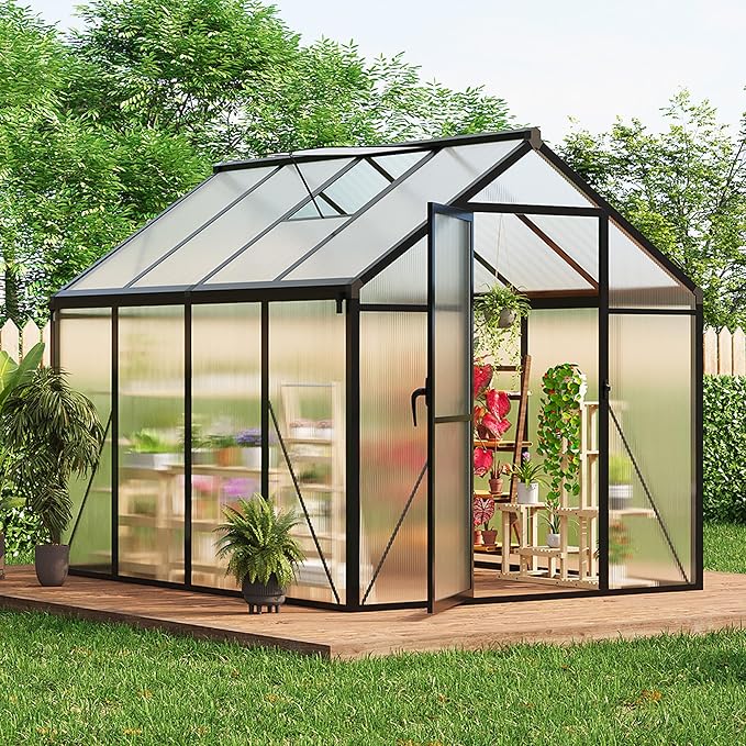 6x8 FT Greenhouse, Greenhouses for Outside, Polycarbonate Greenhouse with Aluminum Frame, Lockable Door and Ajustable Roof Vent for Backyard, Green Houses for Outside Garden Backyard, Patio