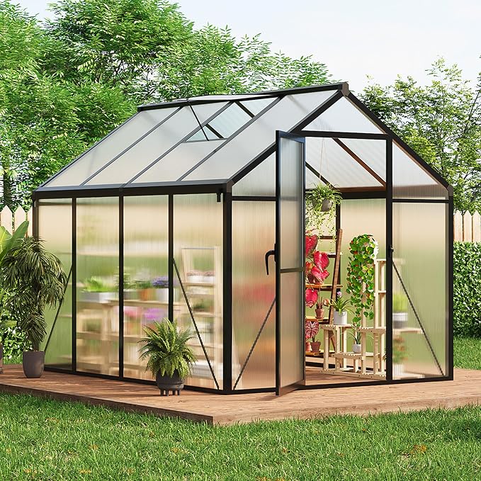 6x8 ft Walk-in Greenhouse, Polycarbonate Panels with Reinforced Aluminum Frame, Large Garden Green House for Planting and Seed Starting, Quick-Assembly Structure with Adjustable Roof Vent