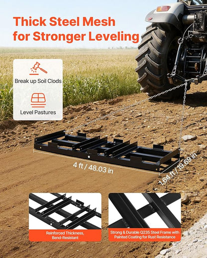 VEVOR Drag Harrow, 48 x 20 in, Tow-Behind Driveway Grader with Adjustable Width & 50lbs Load Capacity, Heavy Duty Lawn Leveling Rake, Galvanized Steel Gravel Driveway Drag, Fits ATVs UTVs Tractors