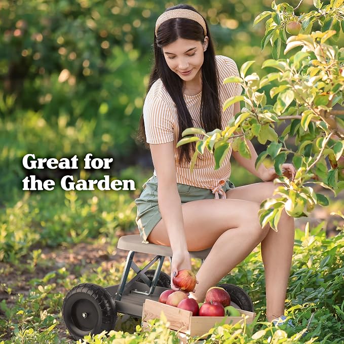 Gardening Stool - Rolling Garden Seat with Wheels and Storage Tool Tray - Garden Cart Scooter - Yard Tools by Pure Garden (Gray)