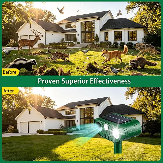 2026 New Intelligent Solar-Powered Ultrasonic Animal Deterrent – Motion Sensor + Strobe Flashing Lights – Waterproof Outdoor Repeller for Deer, Cats, Rabbits, Squirrels, Dogs, Raccoons & Skunks (4)