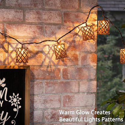 Decorative String Lights Plug in with 10 Incandescent Bulbs, Handwoven Rattan Cylinder-shaped Boho Lantern String Lights Connectable Weatherproof Outdoor Indoor for Bedroom Patio Pergola Decor (Brown)