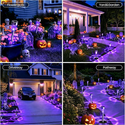 GIGALUMI Purple Solar Pathway Lights, 12-Pack Outdoor Halloween Decor | Waterproof LED stainless stakes for yard, garden, driveway, walkway. Purple glow creates spooky atmosphere.