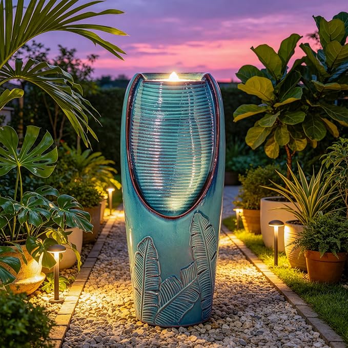 Autodaya 33" H Ceramic Jar Outdoor Water Fountain, Banana Leaf-Texture | Artisan High-Fired Glaze, Warm Ambient LED Lighting, Upgraded Pump, Soothing Cascading Water Feature For Garden Patio Yard