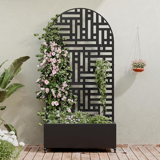 Casaphoria Metal Raised Garden Bed with Trellis and Wheels, 72"x35"x16" Arched Planter Box for Climbing Plants, Vegetables & Vines, Features Drainage Holes and Privacy Screen (Black-Helen)