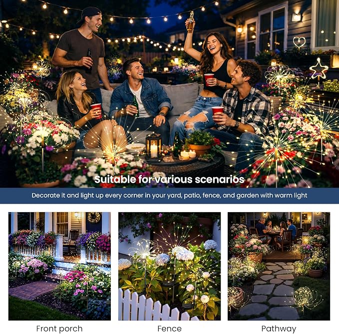 Solar Lights Outdoor, 120LED 4pack Fairy Garden Lights Decor for Outside Fireworks Lights Solar Powered for Yard, Patio, Pathway, Walkway, Balcony, Warm White