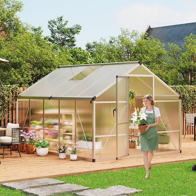 Greenhouse, 8x10 Ft Outdoor Greenhouses, Greenhouse Kit, Portablee Greenhouses with Ground Nails and Vent Windows, Sliding Lockable Door, Polycarbonate Green House for Outside Garden Backyard, White