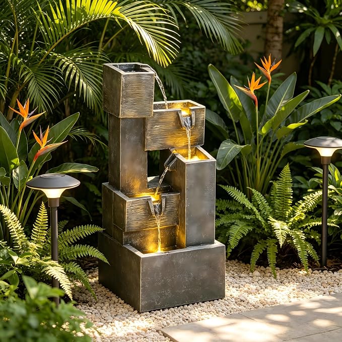 AUTODAYA 32.5" 5-Tier Stacked Blocks Fountains LED Cascading Waterfall | outdoor modern concrete texture, garden patio deck backyard,Porch or Home Décor