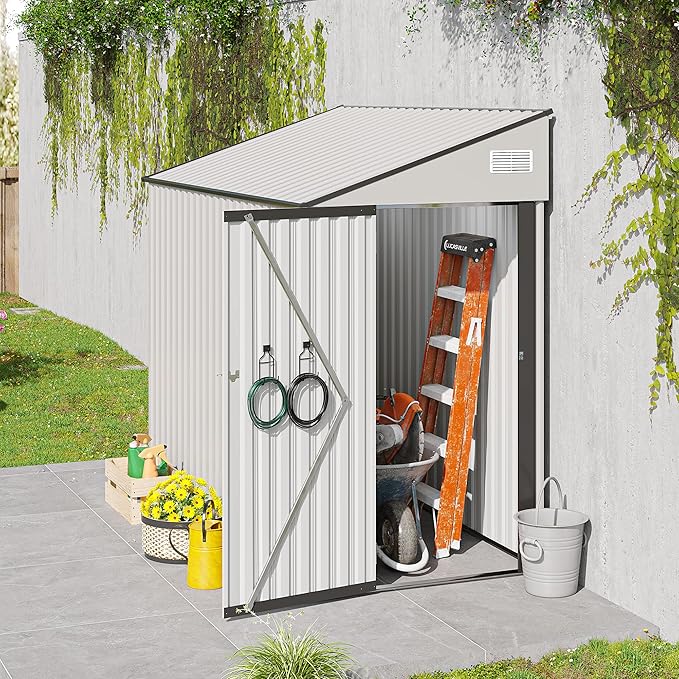 YOPTO 4×8 FT Outdoor Metal Storage Shed,Heavy-Duty Lean to Storage Shed with Lockable Single Side Hinge Door,Waterproof Metal Storage Tool House W/Sloping Roof,Air Vent&Protect Film,for Backyard,White