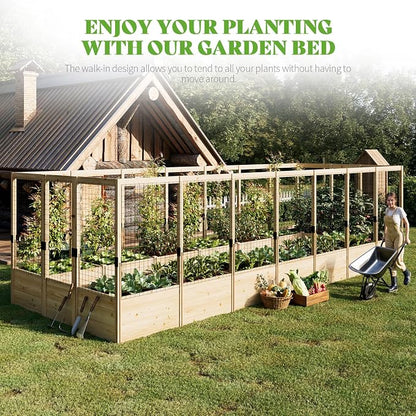 PaPaJet Wooden Raised Garden Bed for Outdoor, Deep Large Planter Box with Netting for Gardening, Vegetables, Flowers, Herbs（7.5× 20.6× 5.9FT）