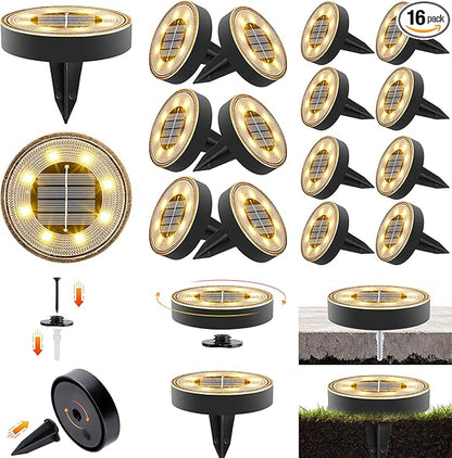 Joomer 2-in-1 Solar Lights Outdoor Waterproof, 16 Pack 8 LED, Warm White | Solar Powered Garden Lights Ground Disc Landscape Lighting for Patio Pathway Lawn Yard Driveway Walkway Deck Step