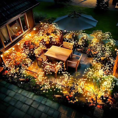 JJGoo 2 Pack Solar Garden Lights Outdoor Waterproof, New Upgraded 6 Branches Firework Starburst Lights with 2 Modes, Solar Fairy Lights for Yard Garden Patio Pathway Party Decor - Warm White