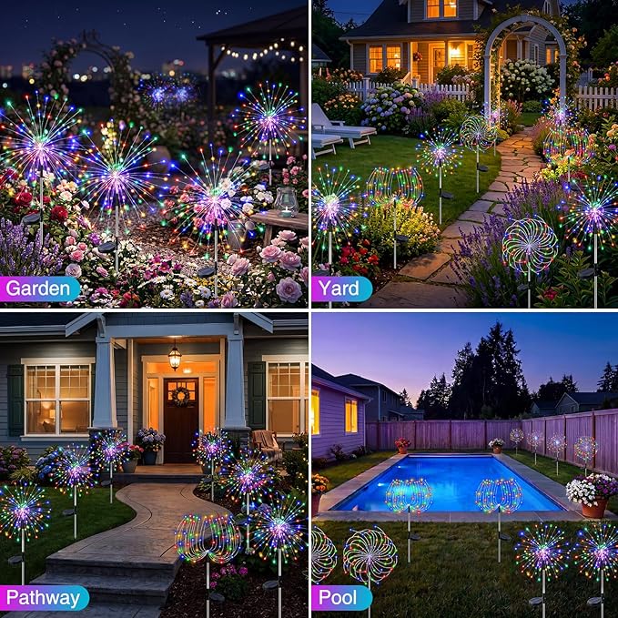 btfarm 6 Pack Solar Garden Lights Outdoor, 8 Modes Firework Lights Solar Powered, Waterproof Twinkle Fairy Light Outside for Yard Patio Pathway Pool Christmas Party Decorative, Multicolor