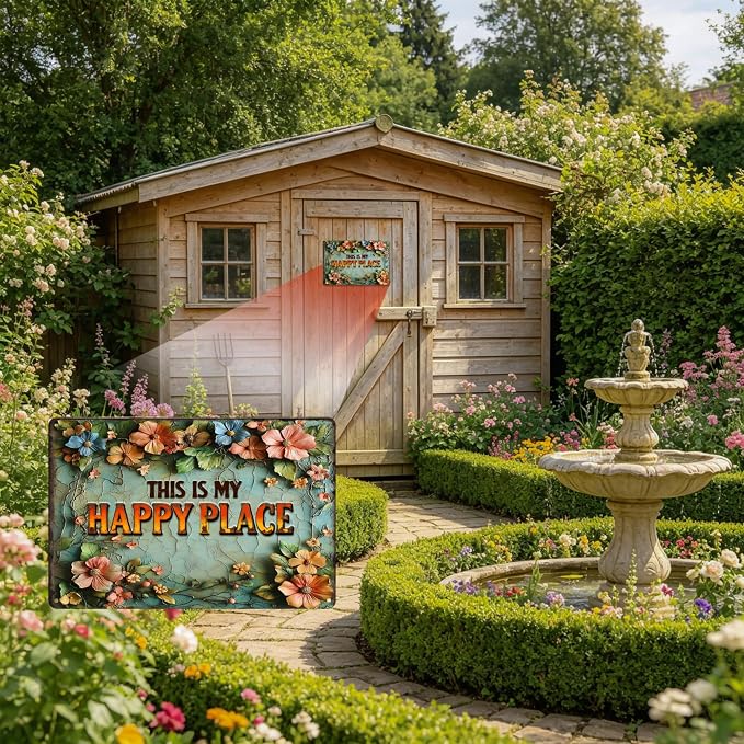 Funny Garden Metal Signs, Vintage Outdoor Wall Decor 12x8 Inch | This is My Happy Place, Weatherproof Aluminum Sign for Patio Yard Greenhouse, Gift For Gardeners